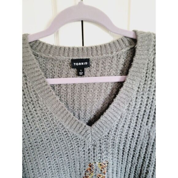 Torrid 1 Gray Cable Knit Heavy Warm Cozy Sweater Pullover Lightning Bolt Beading - Picture 6 of 10